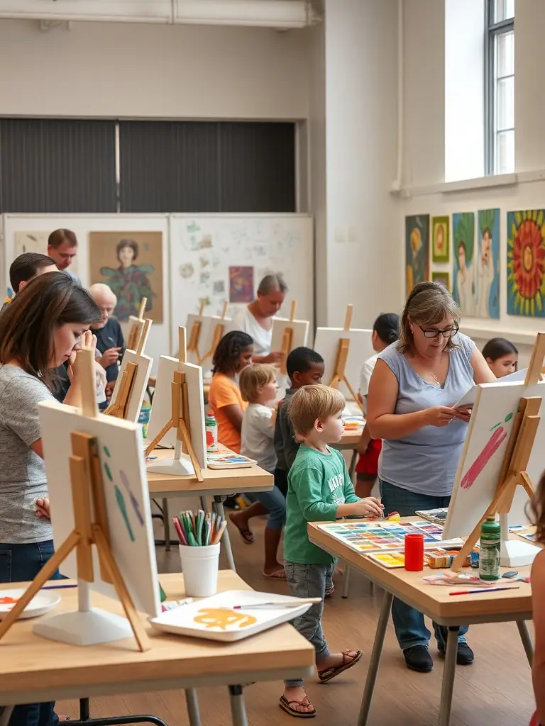 A vibrant photograph capturing a community art workshop organized by ARTEMIS DIJON, featuring diverse participants of all ages engaged in painting and creative expression, showcasing the organization's commitment to inclusive cultural activities.