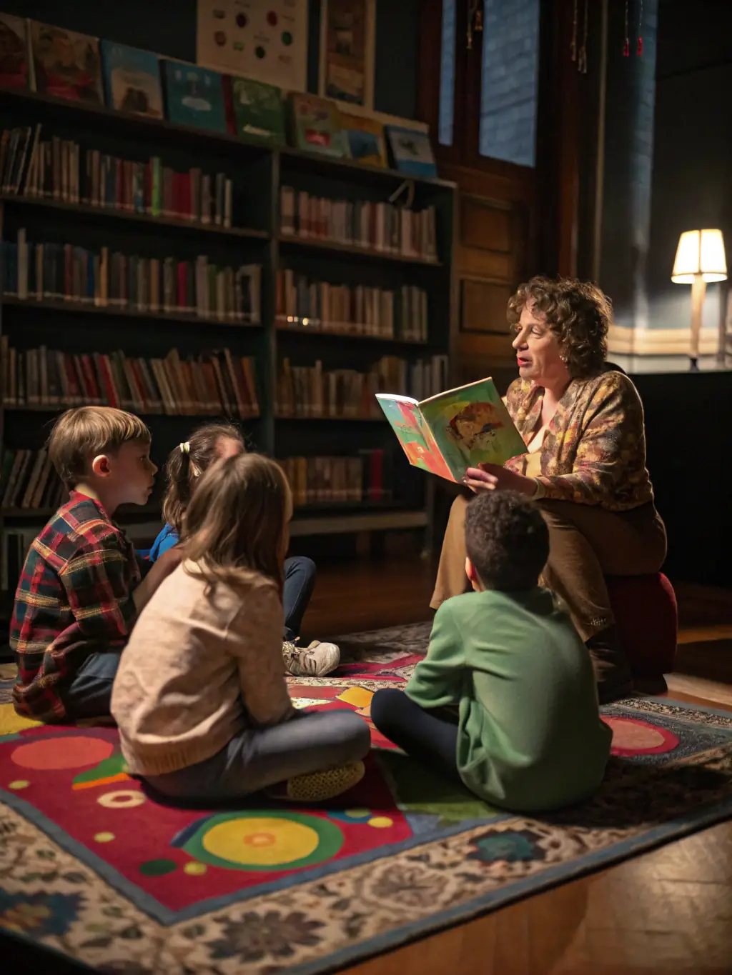 A photo of a group of children participating in an interactive storytelling session at a local library in Dijon, with a storyteller dressed in costume and engaging the children with animated expressions.