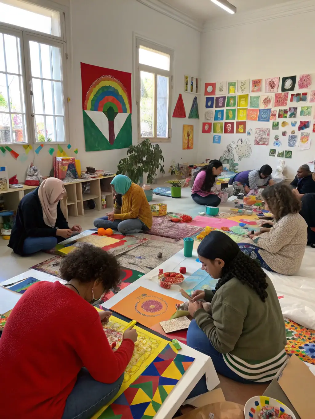 A photograph of a cultural workshop in session, with participants of various ages and backgrounds engaged in learning a traditional art form. The setting is a bright, welcoming space in Dijon.