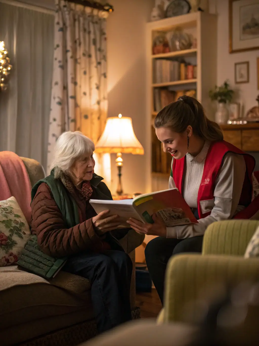 A heartwarming image of ARTEMIS DIJON volunteers assisting elderly residents at a local nursing home with an interactive storytelling session, highlighting the organization's dedication to enriching the lives of seniors through cultural engagement.