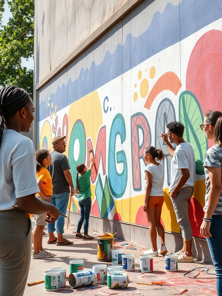 A photograph capturing a vibrant community mural painting event in Dijon, showcasing diverse participants of all ages collaborating on a large-scale artwork. The image emphasizes inclusivity and community engagement.