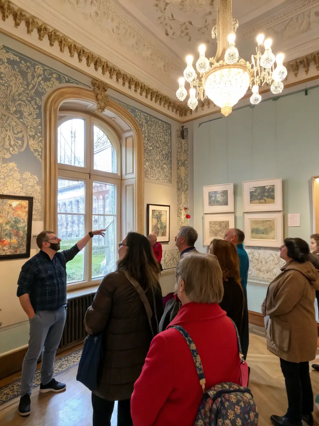 A photograph showcasing a local artist leading a guided tour of an art exhibition in Dijon, with attendees admiring the artworks and engaging in discussions about the pieces. The image highlights cultural appreciation and education.