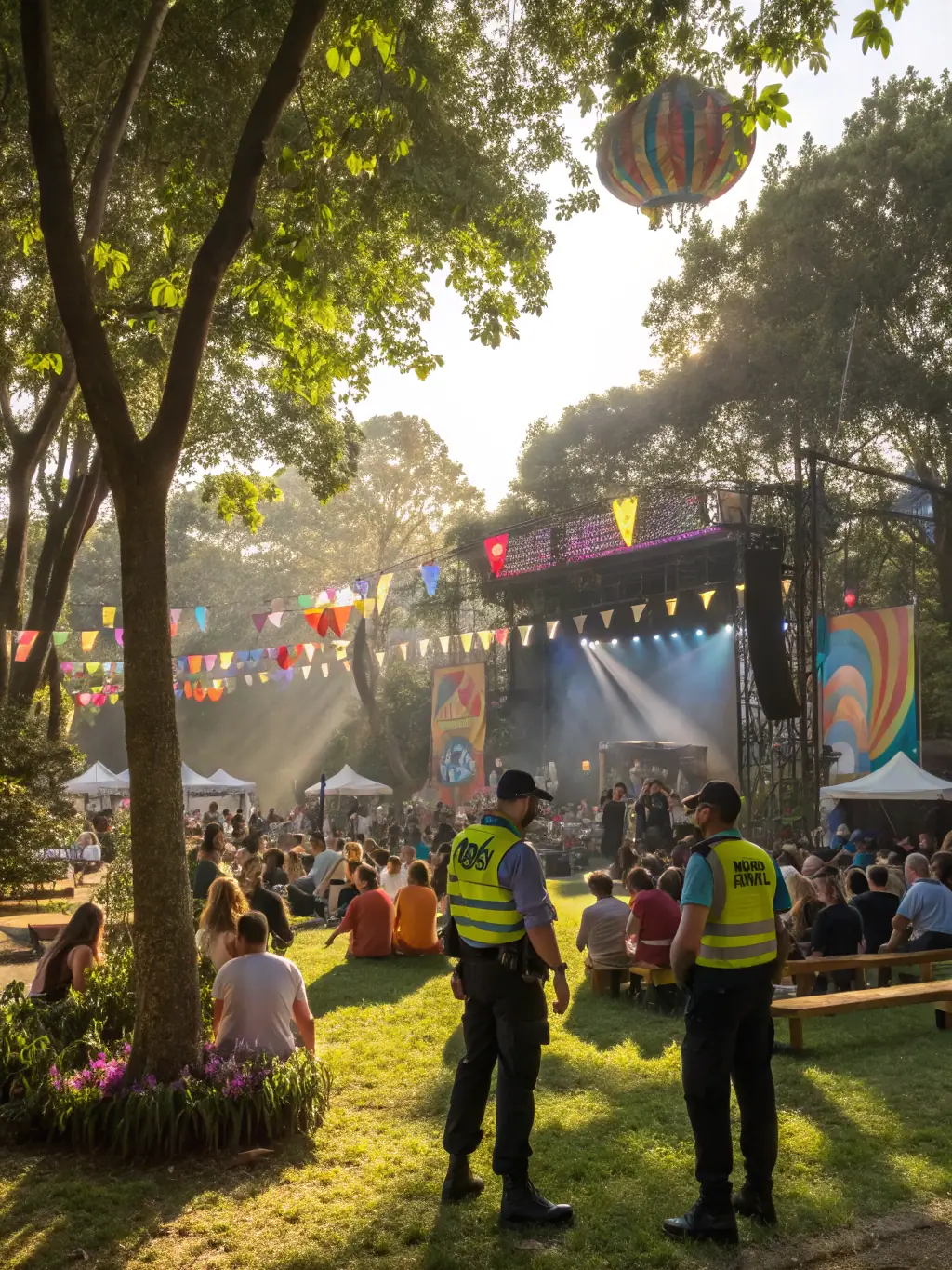 A dynamic shot of a local cultural event sponsored by ARTEMIS DIJON, showcasing a diverse crowd enjoying live music and artistic performances in a public space, emphasizing the organization's role in enhancing the cultural vibrancy of Dijon.