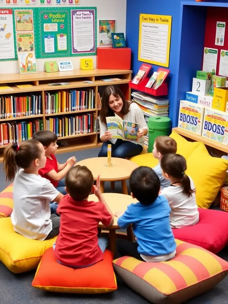 A photo of children participating in an interactive storytelling session at a local library, organized by ARTEMIS DIJON. The children are smiling and engaged with the storyteller.