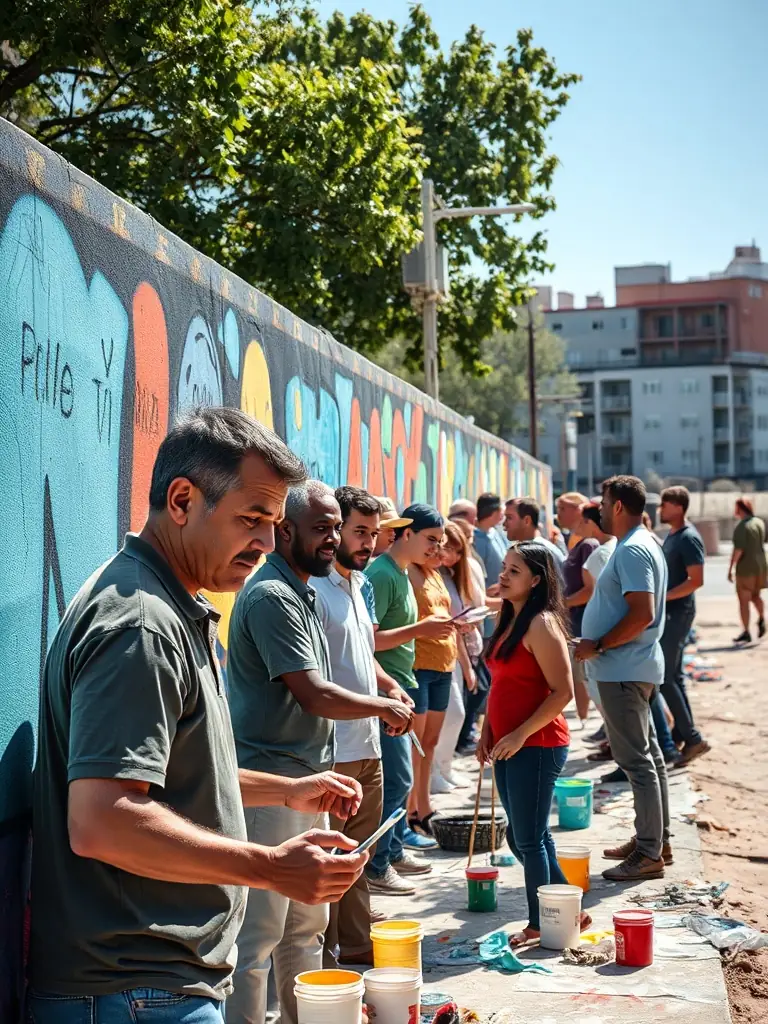A diverse group of people participating in a community art project, painting a mural together in Dijon, France. The atmosphere is collaborative and joyful, reflecting ARTEMIS DIJON's commitment to inclusive cultural activities.
