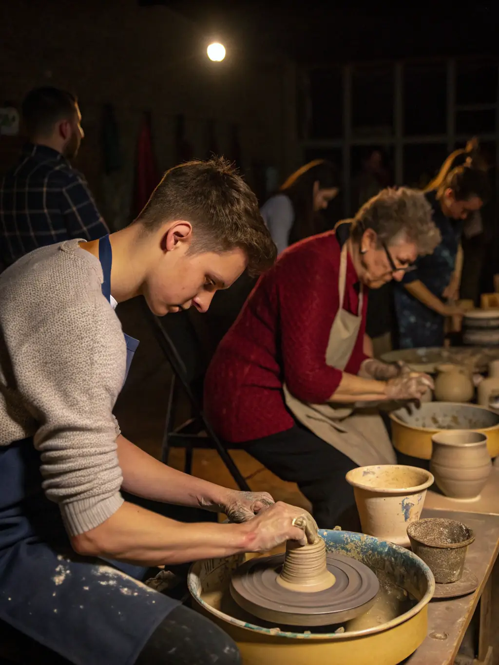 An image depicting a diverse group of adults attending a pottery workshop in Dijon, with participants shaping clay on pottery wheels and receiving guidance from an instructor. The atmosphere is relaxed and creative.